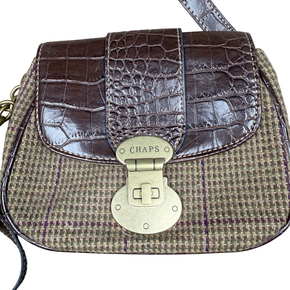 Y2K Chaps Tweed Plaid Crossbody Bag Brown‎ Croc Embossed Faux Leather Preppy